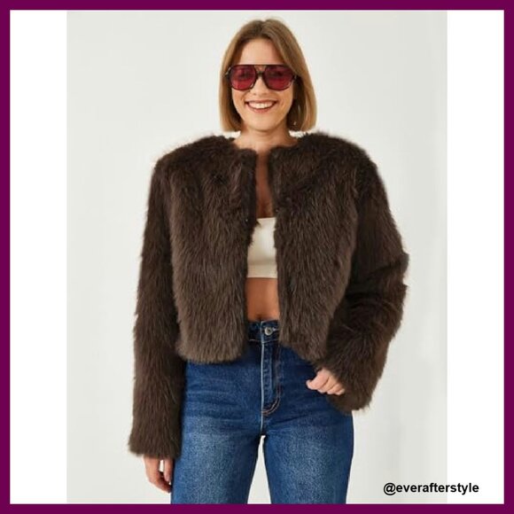 Faux Fur Cropped Jacket Open Front Fluffy Shaggy Winter Chic Y2K - Picture 3 of 8